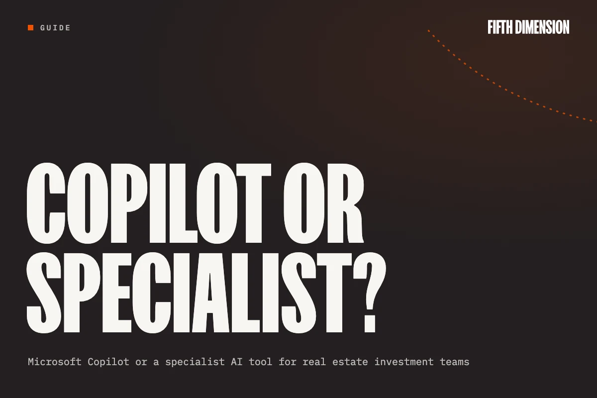 Guide cover reading “Copilot or specialist?”: Microsoft Copilot or a specialist AI tool for real estate investment teams