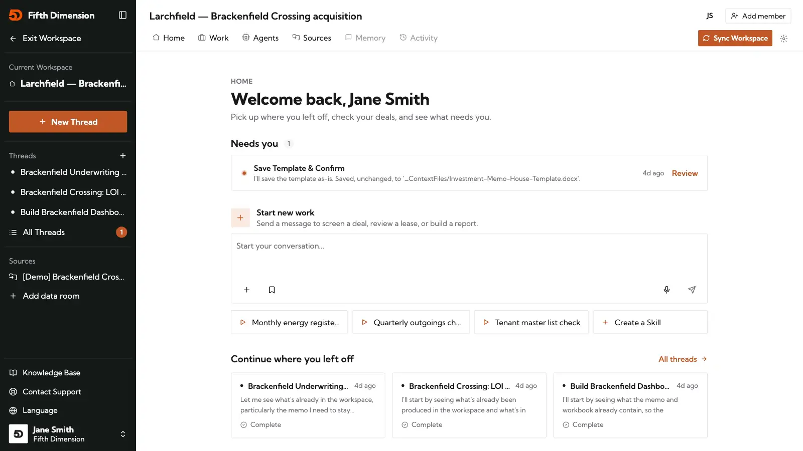 An acquisition workspace home with the review that needs you, quick-start actions and the deal's recent threads