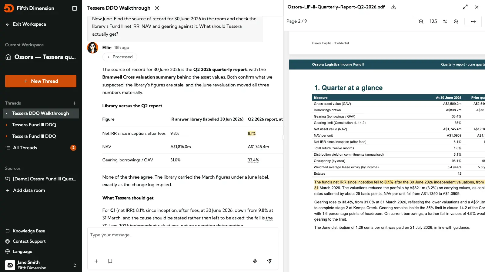 A due diligence answer comparing the answer library with the quarterly report, with the report open on the cited net IRR