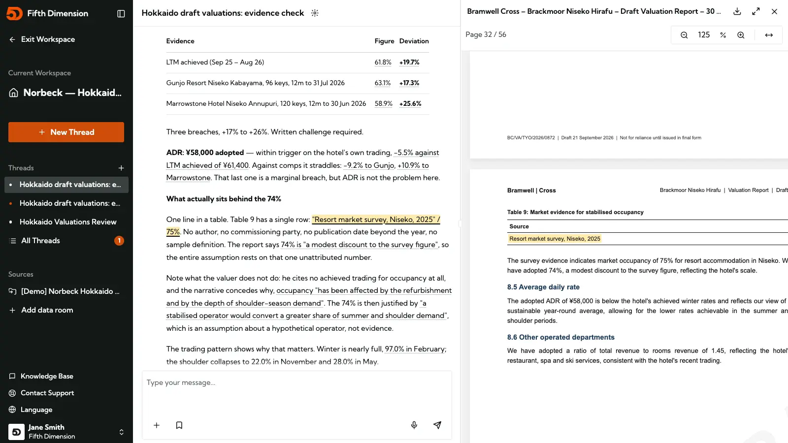 Ellie's valuation evidence check with its source open: the draft valuation report on the market survey table the answer cites