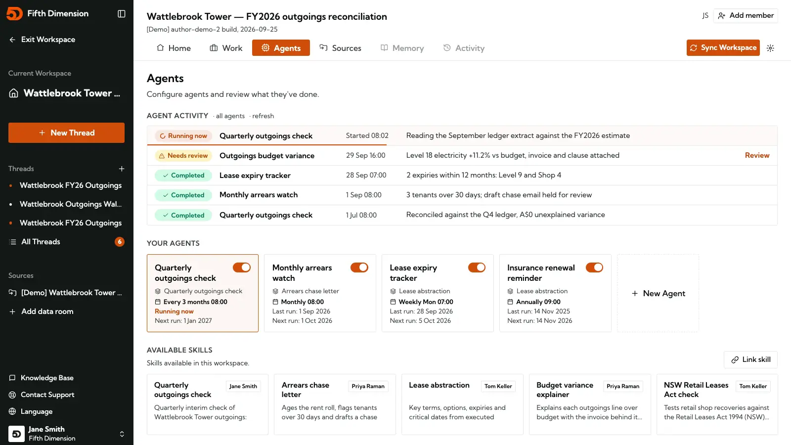 A workspace's Agents tab with a quarterly check running, recent runs completed or waiting for review, four scheduled agents and the skills they use