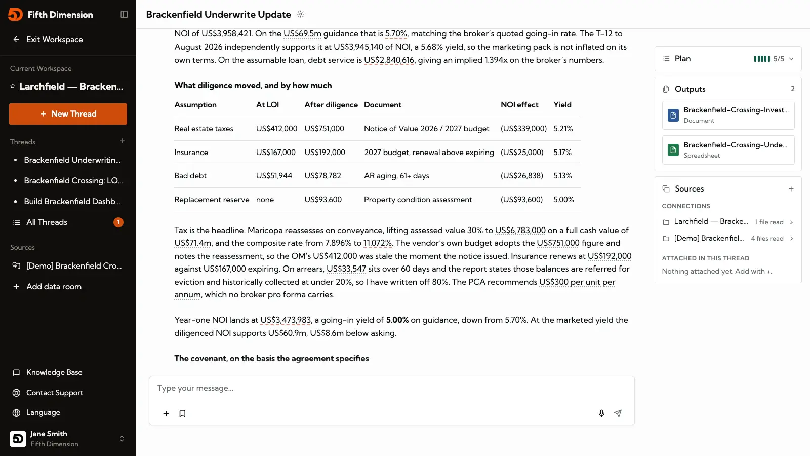 Ellie's underwriting thread for Brackenfield Crossing: the assumptions diligence moved, their NOI effect and yield, with the memo and model as outputs