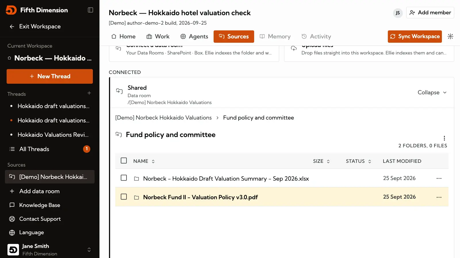 A workspace's shared data room open on the fund's policy and committee folder, with the valuation policy selected