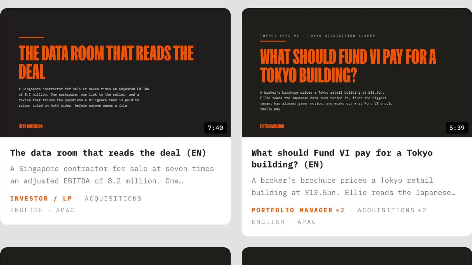 Two videos from the Fifth Dimension video library: "The data room that reads the deal" and "What should Fund VI pay for a Tokyo building?"